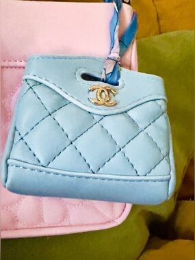 Mini CC Styling Light Blue Quilted Micro Mini keychain Bag Charm. handmade